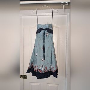 Odille Light Blue Sailboat Print Spaghetti Strap Dress with Navy Trim